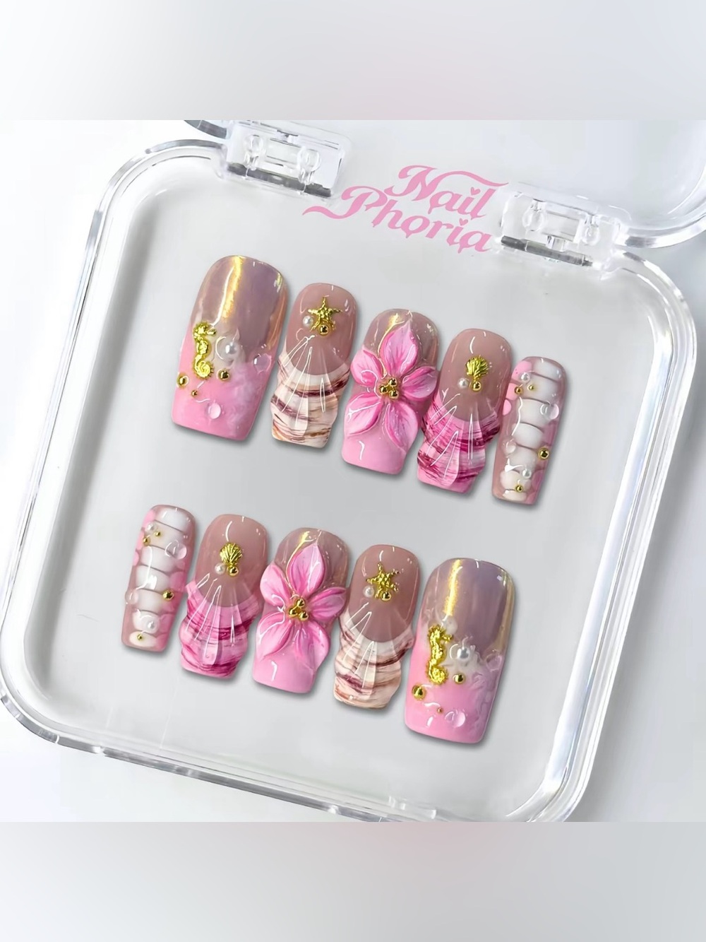 NailPhoria CORAL HEART - SUMMER Handmade Press-On Nails Size Medium